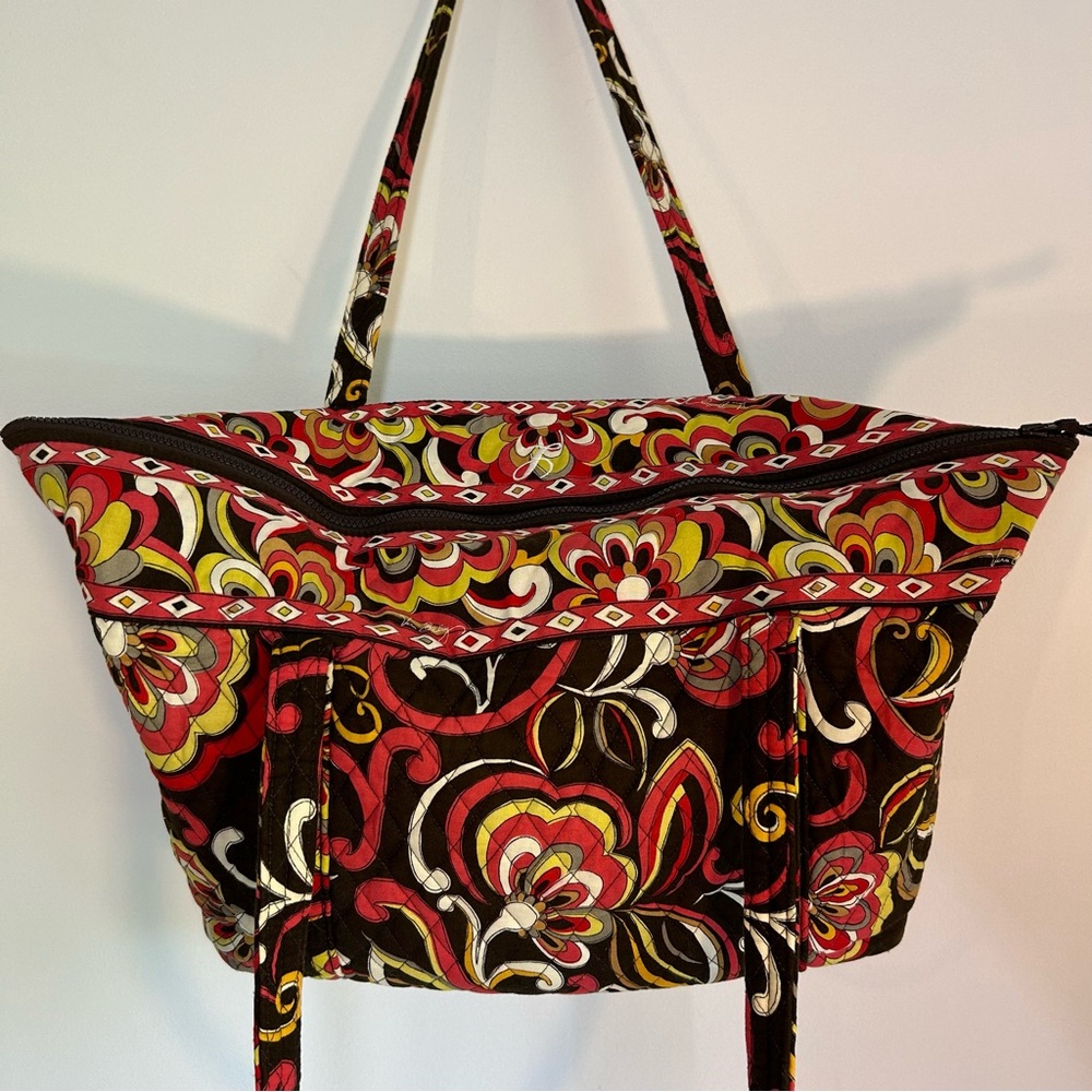 Vera Bradley Puccini Tote Bag Purse Brown Yellow Pink White Pockets Large - Picture 7 of 12